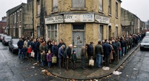 Long lines outside a decaying NHS dental clinic in birmingham
